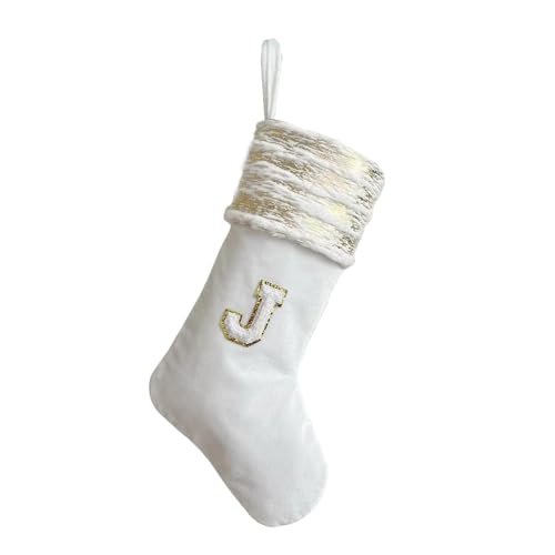Porceosy Medias de Navidad bordadas con letras de Navidad con cordón, calcetines resistentes al desgaste de gran capacidad, calcetines colgantes J, talla única