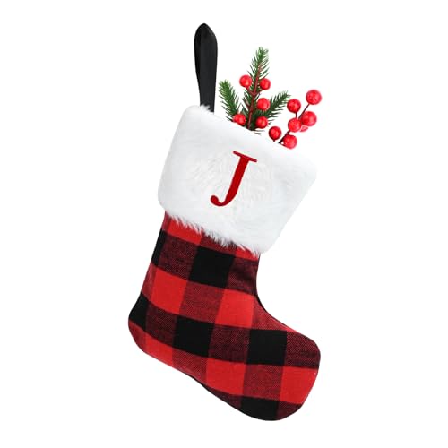 Medias de Navidad de 7 pulgadas, medias de Navidad personalizadas, medias de Navidad clásicas de Escocia roja con letras, medias colgantes de piel sintética para decoración de árbol de Navidad (J)