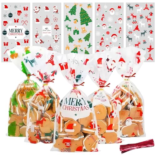120 Piezas bolsas de celofán navideñas, Transparente bolsas de golosinas navideñas, bolsas de galletas con motivos de copos de nieve de Navidad con 120 lazos de torsión
