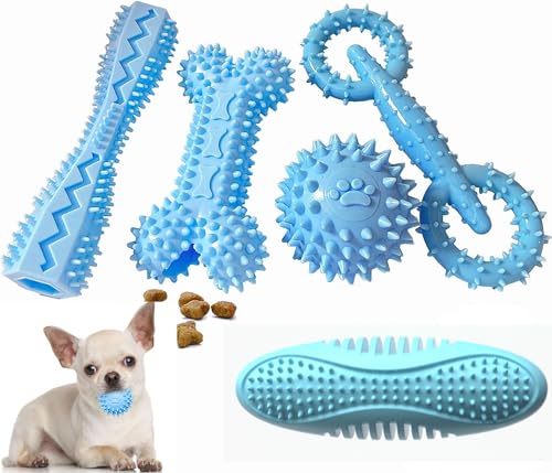 ZDHOSTY Paquete de 5 juguetes para cachorros para dentición de 2 a 8 meses, juguetes masticables para perros, juguetes para limpieza de dientes, juguete de dentición, dispensador de alimentos, hueso